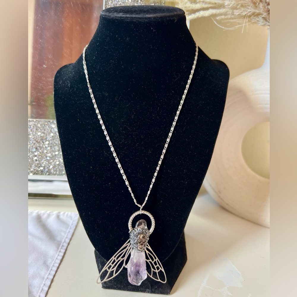 Handmade Gothic Amethyst Crystal Moth Skull Necklace • 18” Silver Chain